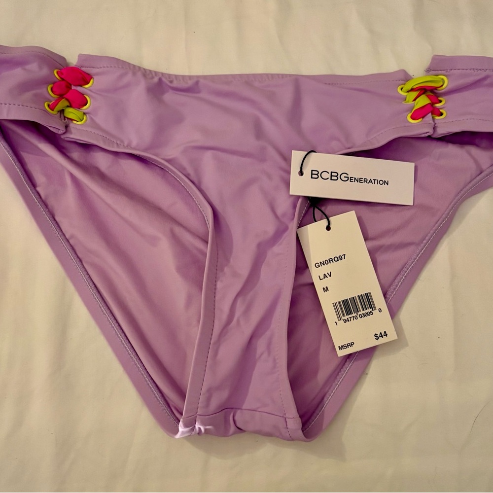 BCBGeneration Lavender Bikini Bottoms with Neon Pink Tie Detail